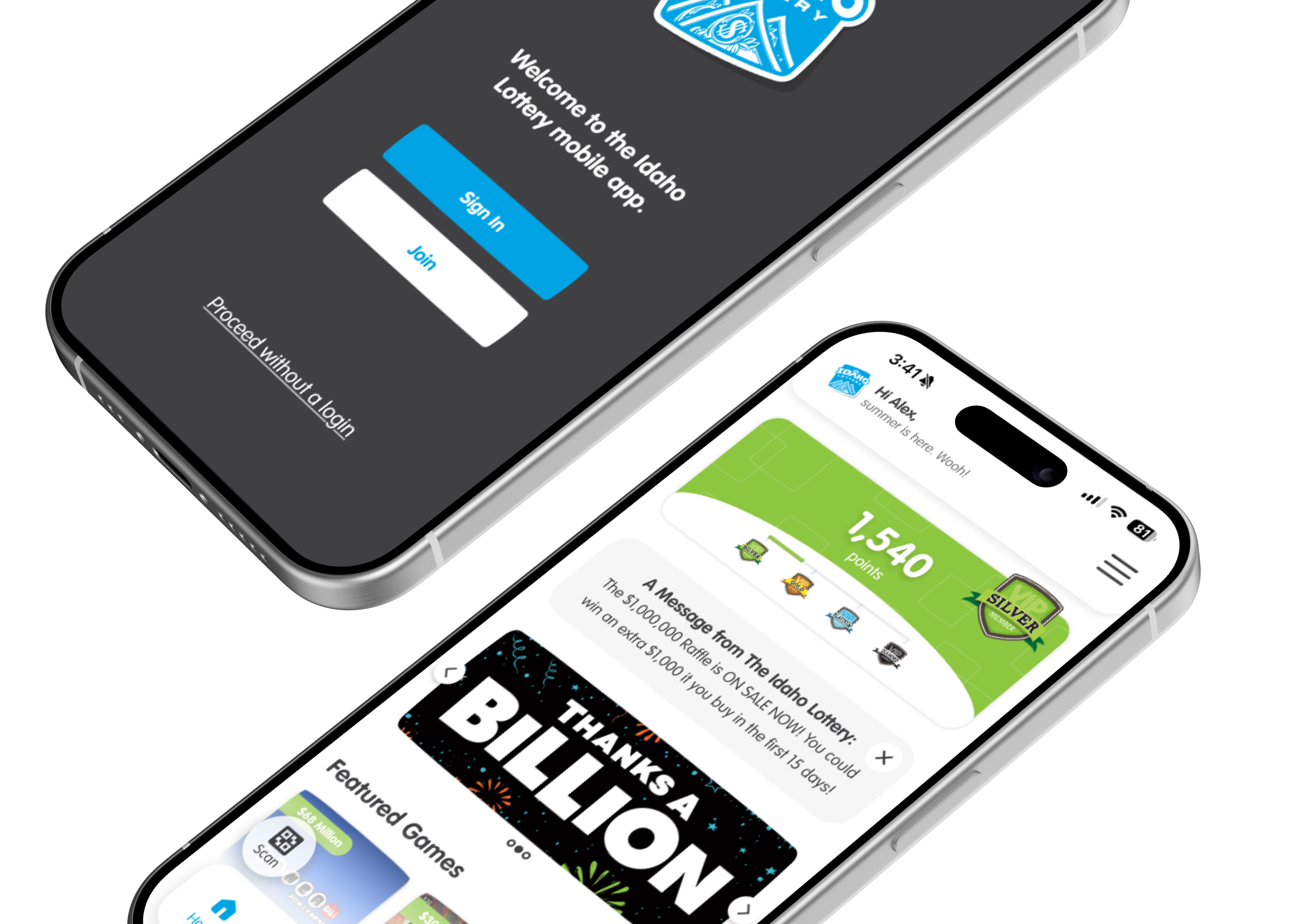 Idaho Lottery VIP Club app shown on two iPhones